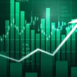 Green bar chart with upward arrow showing stock market growth