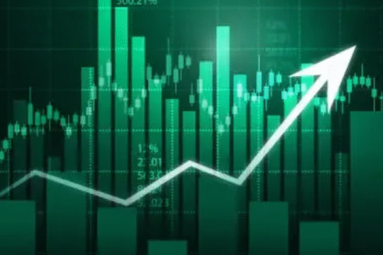 Green bar chart with upward arrow showing stock market growth