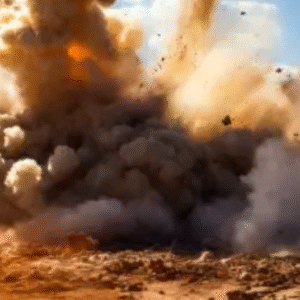 Massive explosion in a desert area with smoke, fire, and debris rising into the sky during daytime.