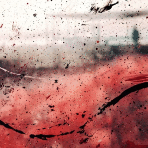 Blood-stained glass with a blurred background depicting a crime scene or violent incident.