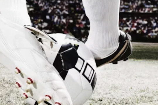 Close-up of football players' cleats and a soccer ball on the field during a match