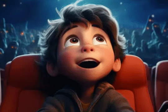 a little boy sitting in the cinema with happy face.