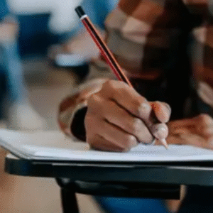 A zoom picture of a boy who is writing an exam in an exam Hall.