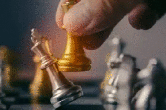Golden chess piece topples silver queen in intense match.