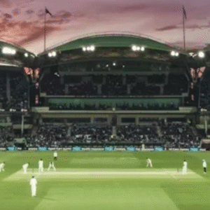 A scenic view of a modern cricket stadium under blue skies, with spectators in the stands and players on the pitch, capturing the vibrant atmosphere of a live cricket match.