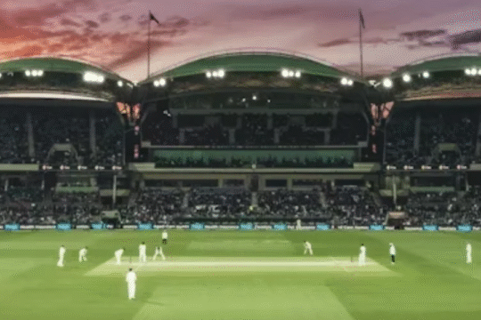 A scenic view of a modern cricket stadium under blue skies, with spectators in the stands and players on the pitch, capturing the vibrant atmosphere of a live cricket match.