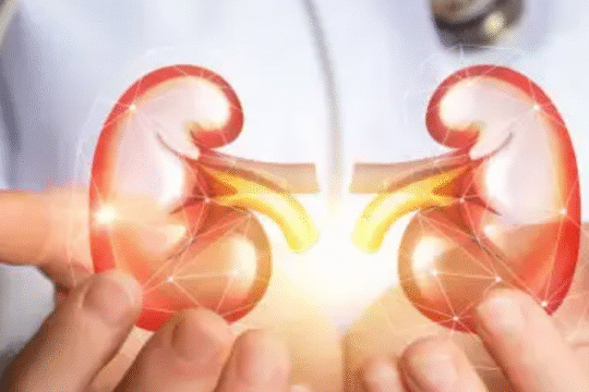 Doctor holding a digital hologram illustration of human kidneys representing kidney health and medical care.