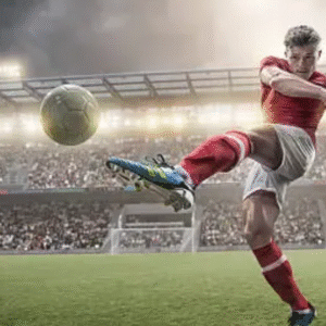 A member of a team is playing football on the field football with other team in rain .