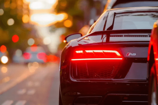 Rear view of a sleek black Audi R8 sports car on a city street during sunset, with brake lights glowing.
