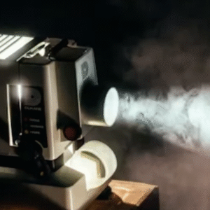 Vintage film projector casting light through smoky air in a dark room