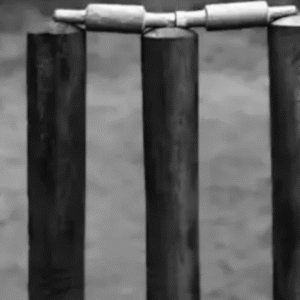 Close-up of cricket stumps and bails on a dusty pitch, captured in black and white.