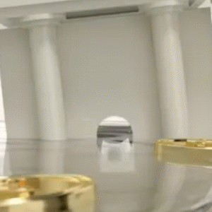 3D illustration of a classical bank building partially submerged in liquid with floating gold coins