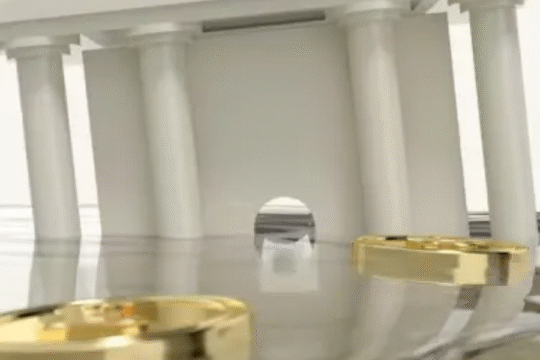 3D illustration of a classical bank building partially submerged in liquid with floating gold coins