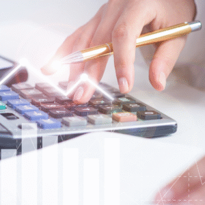 Businesswoman using a calculator with graphs and charts overlay, representing financial analysis and data calculation