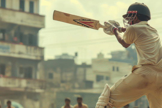 Young cricketer playing a powerful shot during a street cricket match in an urban Indian neighborhood