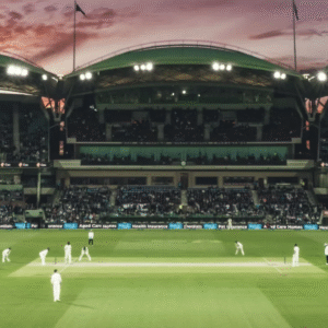 A packed cricket stadium during a day-night test match under a dramatic sunset sky. Players in white uniforms are seen on the field, ready for the next delivery, with illuminated stands full of spectators.