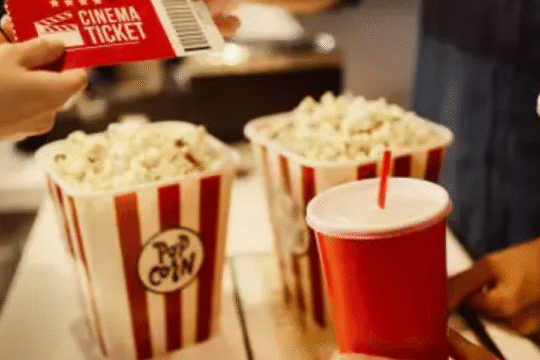 Person using a smartphone to buy movie tickets online, with a credit card in hand and a cinema background.