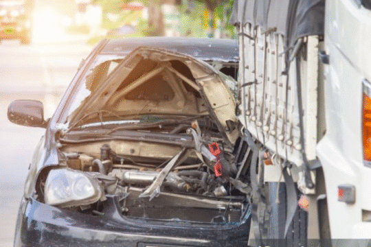 Front view of a black car with severe damage after crashing into the rear of a white truck on a city road, with broken glass scattered on the ground.