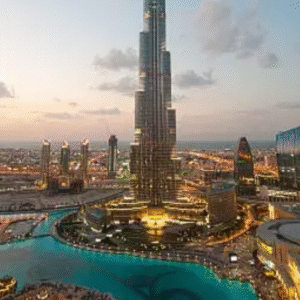 A breathtaking aerial view of Downtown Dubai at sunset, featuring the iconic Burj Khalifa surrounded by modern skyscrapers and illuminated city lights.