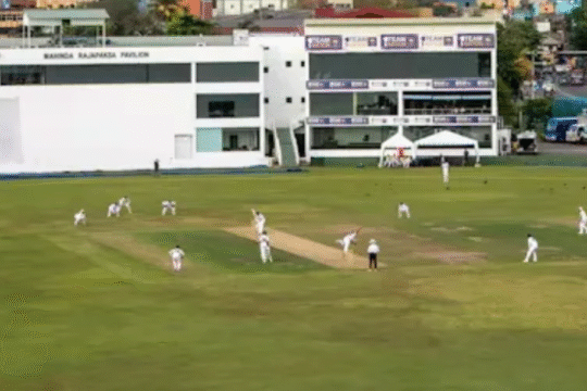 Cricket match in progress at Mahinda Rajapaksa Pavilion, Sri Lanka