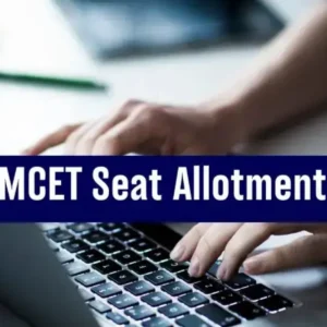 Hands typing on a laptop with the text "AP EAMCET Seat Allotment 2025" superimposed.