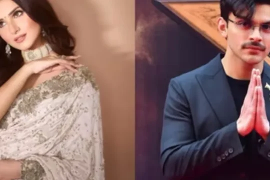 Split image of Tara Sutaria in a saree and Siddharth Gupta with hands folded.