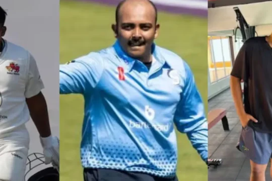 A triptych showing cricketers in uniform and a man in gym attire.
