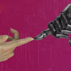 A human hand and a robotic hand touch fingertips against a pink, tech-inspired background.