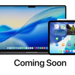 Various Apple devices—MacBook, iPad, iPhone, Apple Watch, HomePod, and Apple TV remote—arranged with the text "Coming Soon".