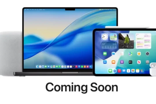 Various Apple devices—MacBook, iPad, iPhone, Apple Watch, HomePod, and Apple TV remote—arranged with the text "Coming Soon".