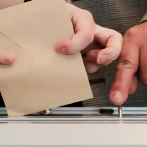 One hand holds a ballot envelope while another hand points to the slot of a ballot box.