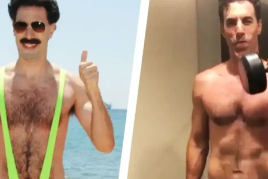 Side-by-side images of Sacha Baron Cohen as Borat and a shirtless man lifting weights.