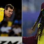 Split image of Brett Lee bowling and Chris Gayle in a West Indies jersey.