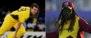 Split image of Brett Lee bowling and Chris Gayle in a West Indies jersey.
