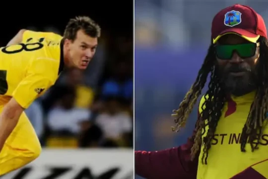 Split image of Brett Lee bowling and Chris Gayle in a West Indies jersey.
