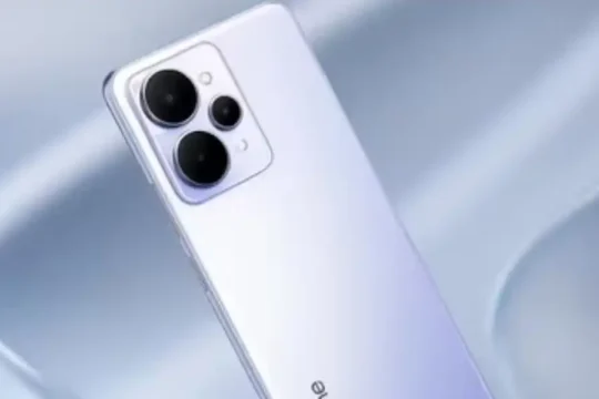 A sleek, light purple Realme smartphone with a triple camera setup.