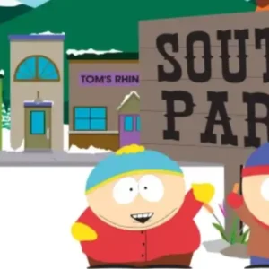 South Park characters Cartman, Stan, Kyle, and Kenny next to a sign.
