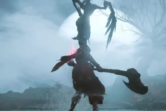 Silhouettes of two demonic figures in a dramatic, misty, backlit scene.