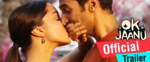 A couple in a romantic embrace, with "OK JAANU Official Trailer" text.