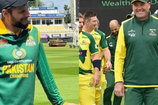 Split image of Shahid Afridi in a green jersey and a coach in South African team gear.