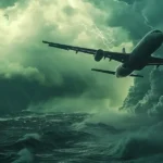 An airplane flying over a stormy sea with lightning in the dark sky.