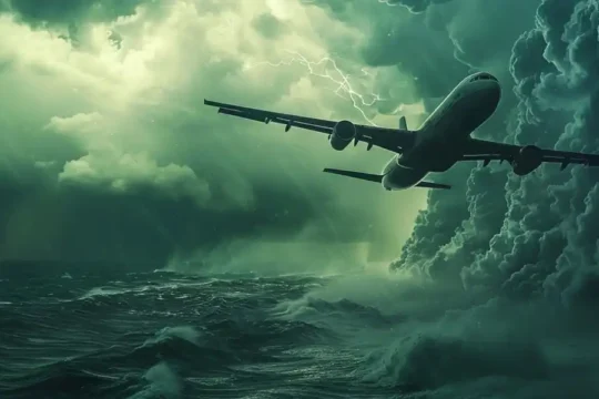An airplane flying over a stormy sea with lightning in the dark sky.