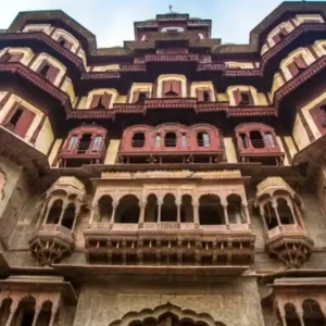 Low-angle view of the historical Holkar Palace in Indore, India.