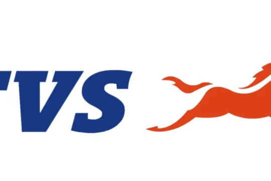 The TVS logo in blue text next to a leaping orange horse emblem.