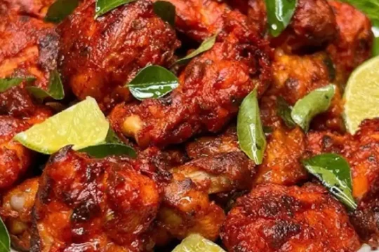 A plate of vibrant red fried chicken, garnished with lime wedges and green leaves.