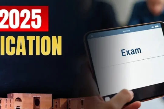 A graphic announcing "CAT 2025 Notification Out!" with an image of a person taking an online exam and a building.