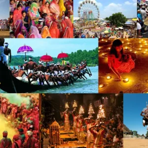 A vibrant collage of various Indian cultural festivals and celebrations, including traditional dances, religious rituals, and colorful gatherings.