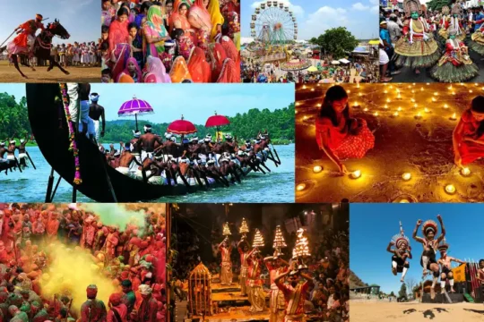 A vibrant collage of various Indian cultural festivals and celebrations, including traditional dances, religious rituals, and colorful gatherings.