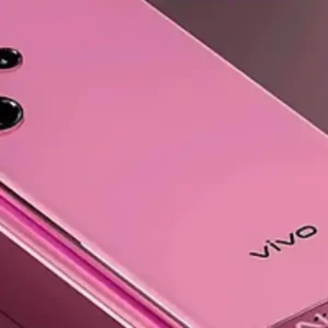 A sleek, pink Vivo smartphone with multiple camera lenses and a 5G logo