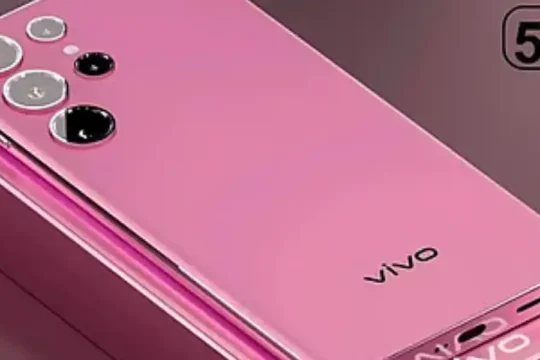 A sleek, pink Vivo smartphone with multiple camera lenses and a 5G logo